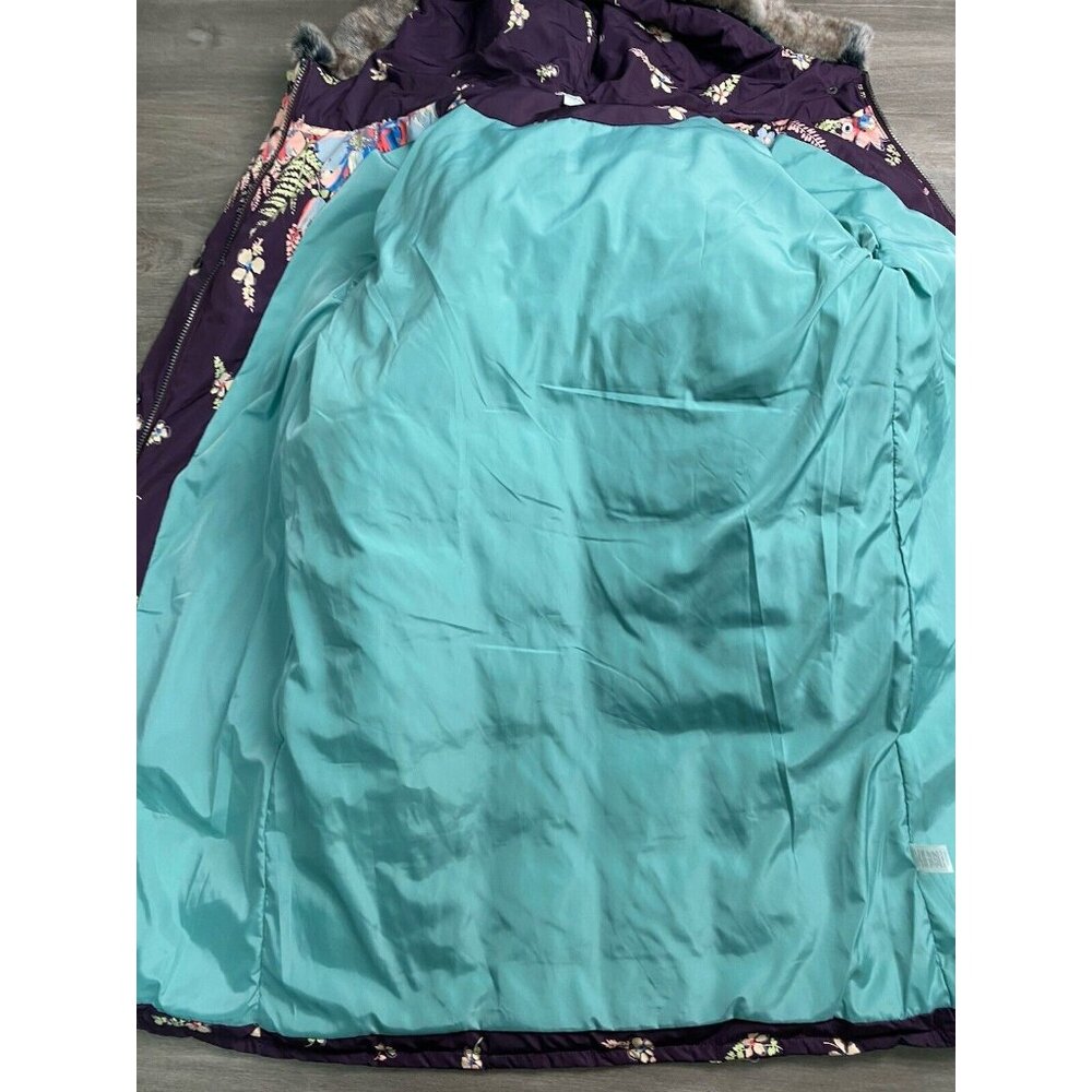 Sundance Hooded Down Puffer Coat Parka Purple Floral Fur Trim Size Small - Picture 3 of 10